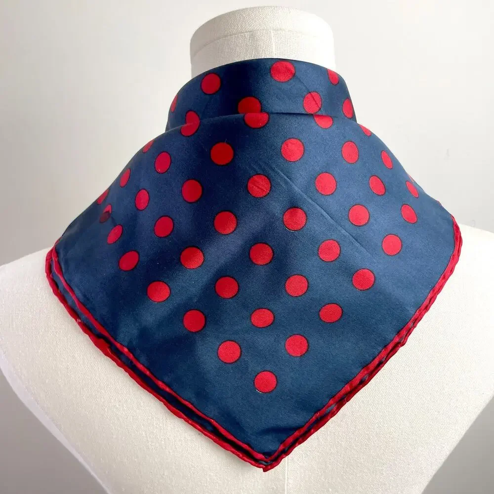 Vintage 70s Polka Dot Silk Scarf Square Navy Red Italy Timeless MCM Capsule